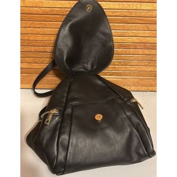 Unica Black Leather Backpack Purse With Gold Zipper Pockets & Adjustable Straps main image 7